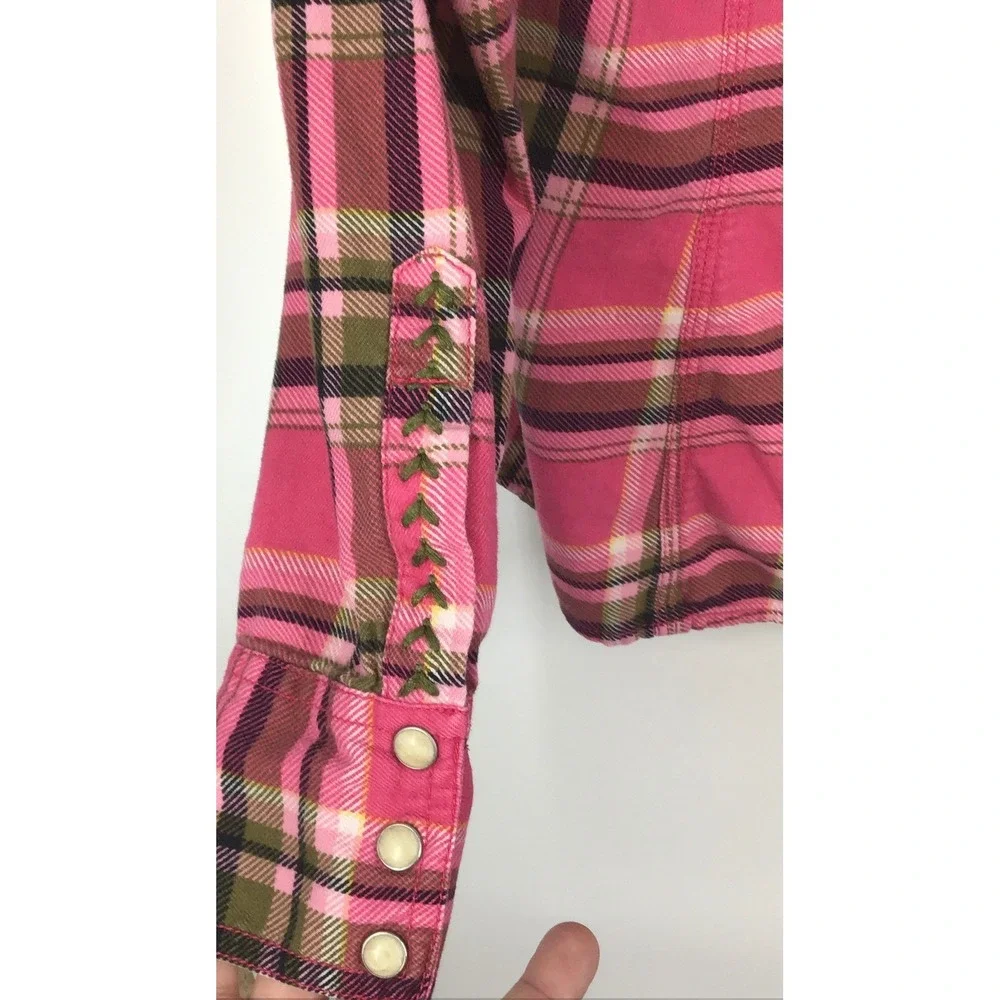 Lucky Brand Dungarees Pink Plaid Snap Western Shirt Embroidered Trim Vtg Size S - Picture 4 of 7